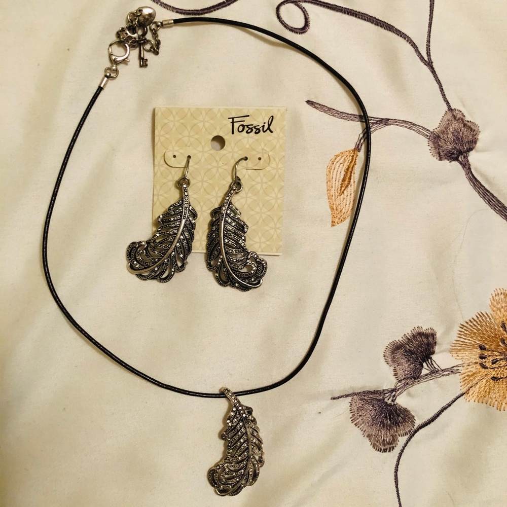 Fossil Feather Earrings and Necklace Set